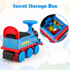 6V Electric Kids Ride on Train with 16PCS Tracks, Battery Powered Motorized Toy Train with 6 Wheels, Storage Seat, Lights & Music for Toddlers