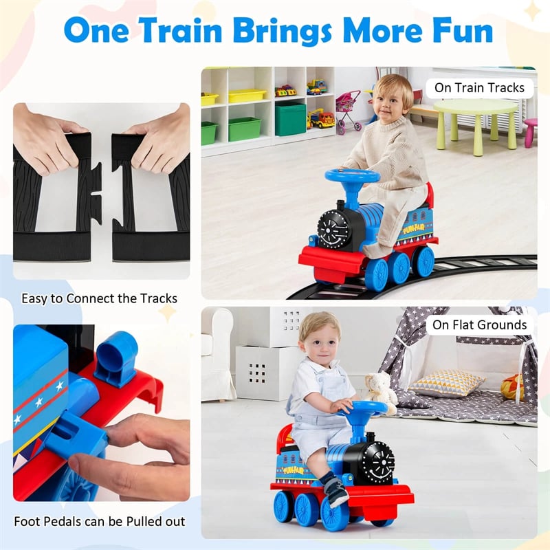 6V Electric Kids Ride on Train with 16PCS Tracks, Battery Powered Motorized Toy Train with 6 Wheels, Storage Seat, Lights & Music for Toddlers