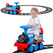 6V Electric Kids Ride on Train with 16PCS Tracks, Battery Powered Motorized Toy Train with 6 Wheels, Storage Seat, Lights & Music for Toddlers