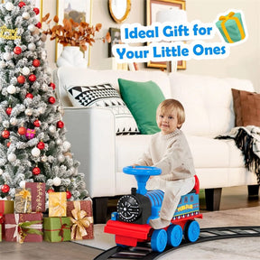 6V Electric Kids Ride on Train with 16PCS Tracks, Battery Powered Motorized Toy Train with 6 Wheels, Storage Seat, Lights & Music for Toddlers