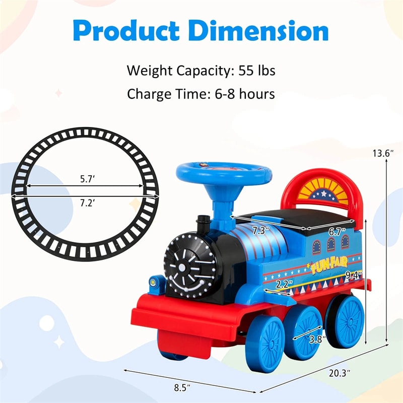 6V Electric Kids Ride on Train with 16PCS Tracks, Battery Powered Motorized Toy Train with 6 Wheels, Storage Seat, Lights & Music for Toddlers