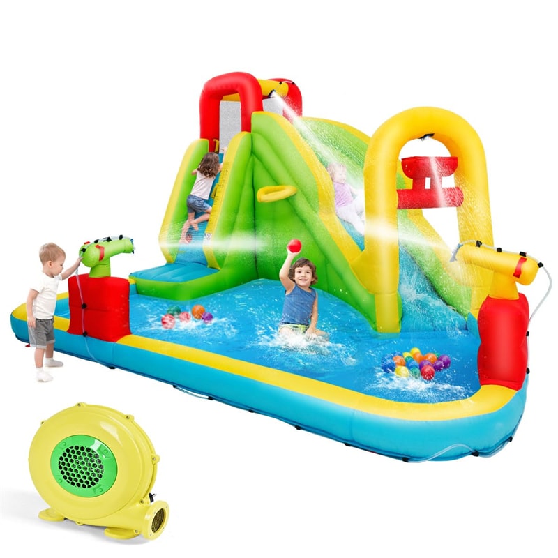 7-in-1 Inflatable Water Slide Park, Kids Blow Up Bounce House with Slide, Splash Pool, Climbing Wall & Water Cannons for Backyard