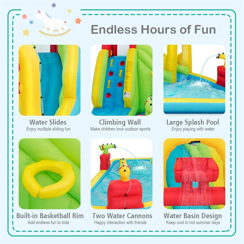 7-in-1 Inflatable Water Slide Park, Kids Blow Up Bounce House with Slide, Splash Pool, Climbing Wall & Water Cannons for Backyard