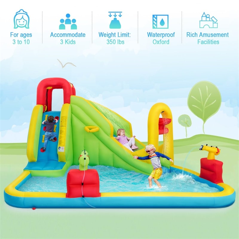 7-in-1 Inflatable Water Slide Park, Kids Blow Up Bounce House with Slide, Splash Pool, Climbing Wall & Water Cannons for Backyard