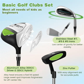 7 Piece Junior Complete Golf Club Set for Kids Age 11-13 Right Hand, Children Golf Clubs with #1 Driver #4 Hybrid #7/9/S Irons Putter Stand Bag