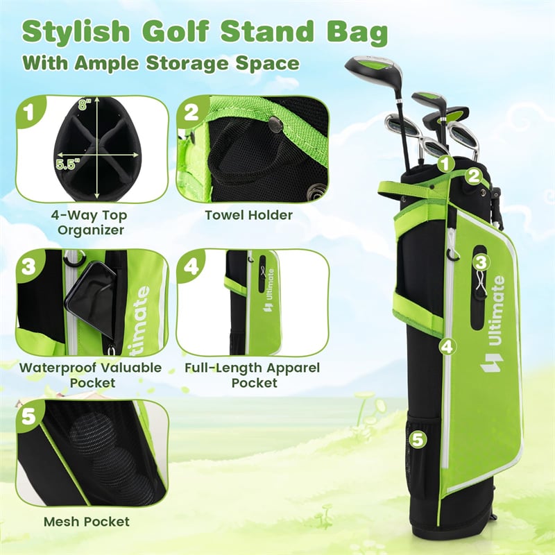 7 Piece Junior Complete Golf Club Set for Kids Age 11-13 Right Hand, Children Golf Clubs with #1 Driver #4 Hybrid #7/9/S Irons Putter Stand Bag