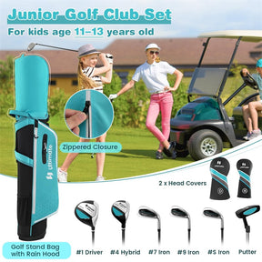 7 Piece Junior Complete Golf Club Set for Kids Age 11-13 Right Hand, Children Golf Clubs with #1 Driver #4 Hybrid #7/9/S Irons Putter Stand Bag
