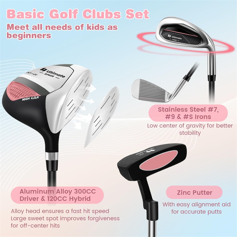 7 Piece Junior Complete Golf Club Set for Kids Age 11-13 Right Hand, Children Golf Clubs with #1 Driver #4 Hybrid #7/9/S Irons Putter Stand Bag