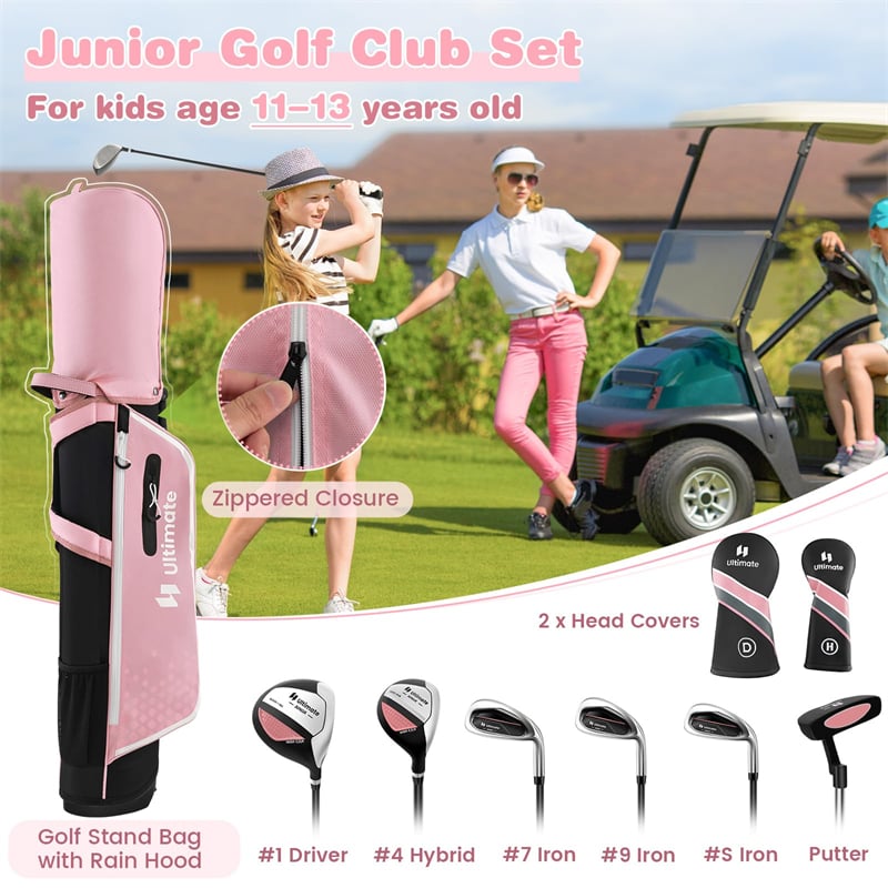 7 Piece Junior Complete Golf Club Set for Kids Age 11-13 Right Hand, Children Golf Clubs with #1 Driver #4 Hybrid #7/9/S Irons Putter Stand Bag