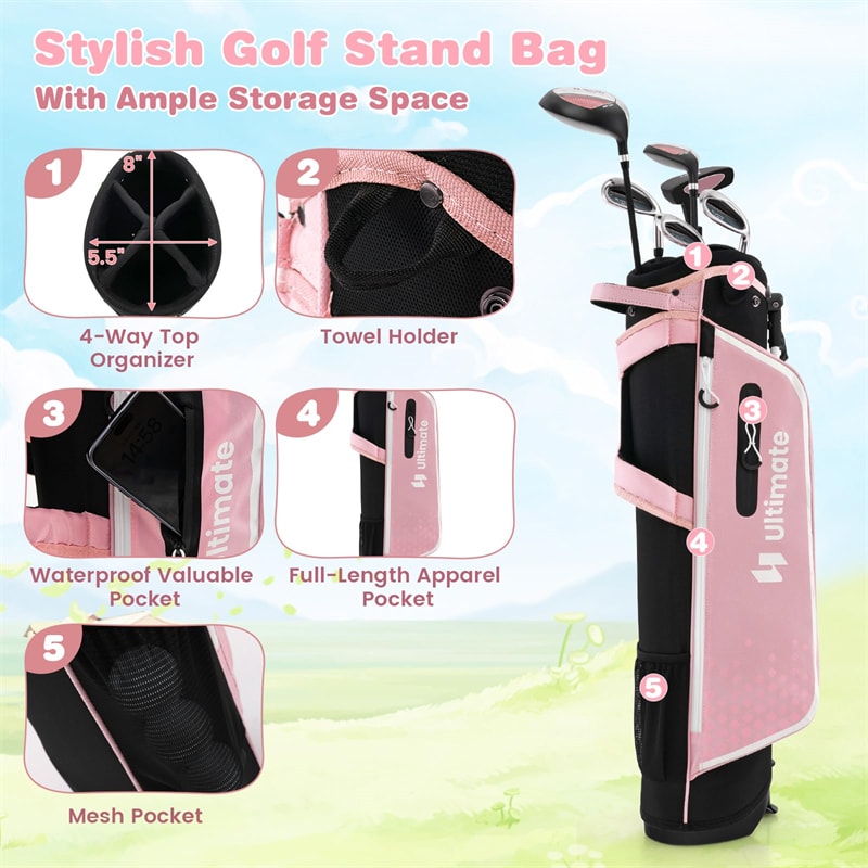 7 Piece Junior Complete Golf Club Set for Kids Age 11-13 Right Hand, Children Golf Clubs with #1 Driver #4 Hybrid #7/9/S Irons Putter Stand Bag