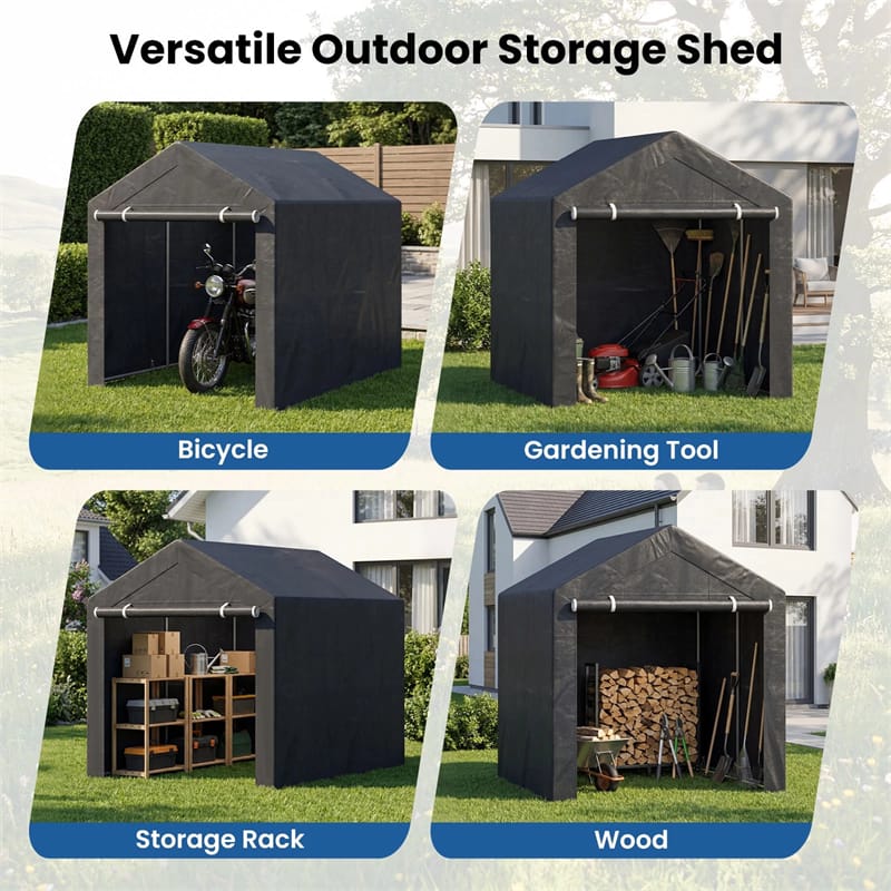 Heavy-Duty Portable Storage Shed, Waterproof Outdoor Carport Garage Tent w/ Roll-up Zipper Door, Metal Shelter for Bike Lawn Mower Firewood