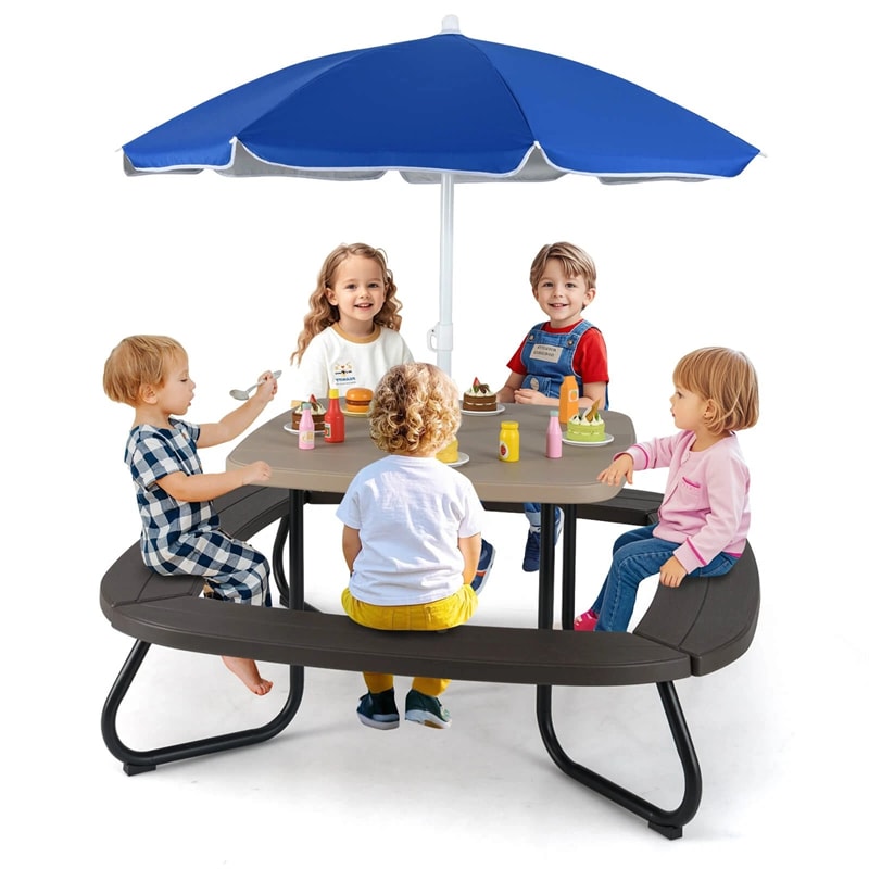 8-Person Kids Picnic Table Bench Set with Removable & Foldable Umbrella, Toddler Outdoor HDPE Activity Table and Chair Set for Backyard Patio