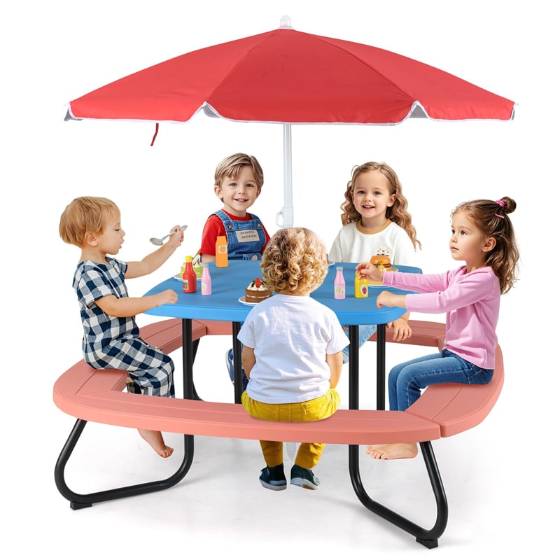 8-Person Kids Picnic Table Bench Set with Removable & Foldable Umbrella, Toddler Outdoor HDPE Activity Table and Chair Set for Backyard Patio