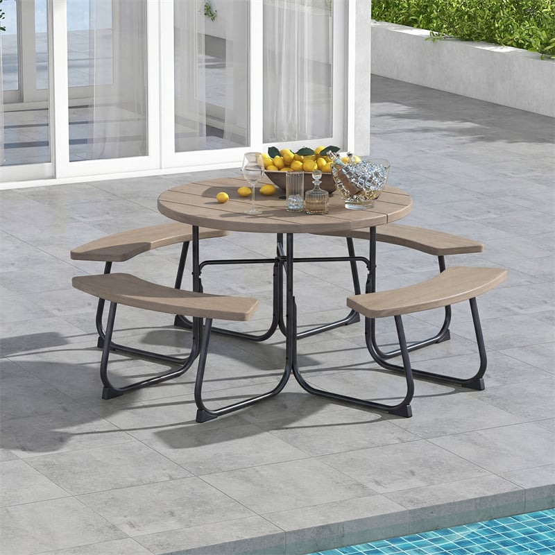 8 Person Round Picnic Table Bench Set, All-Weather HDPE Outdoor Table with 4 Built-in Benches & Umbrella Hole, 2000 LBS Capacity for Backyard