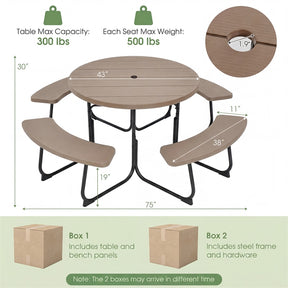 8 Person Round Picnic Table Bench Set, All-Weather HDPE Outdoor Table with 4 Built-in Benches & Umbrella Hole, 2000 LBS Capacity for Backyard