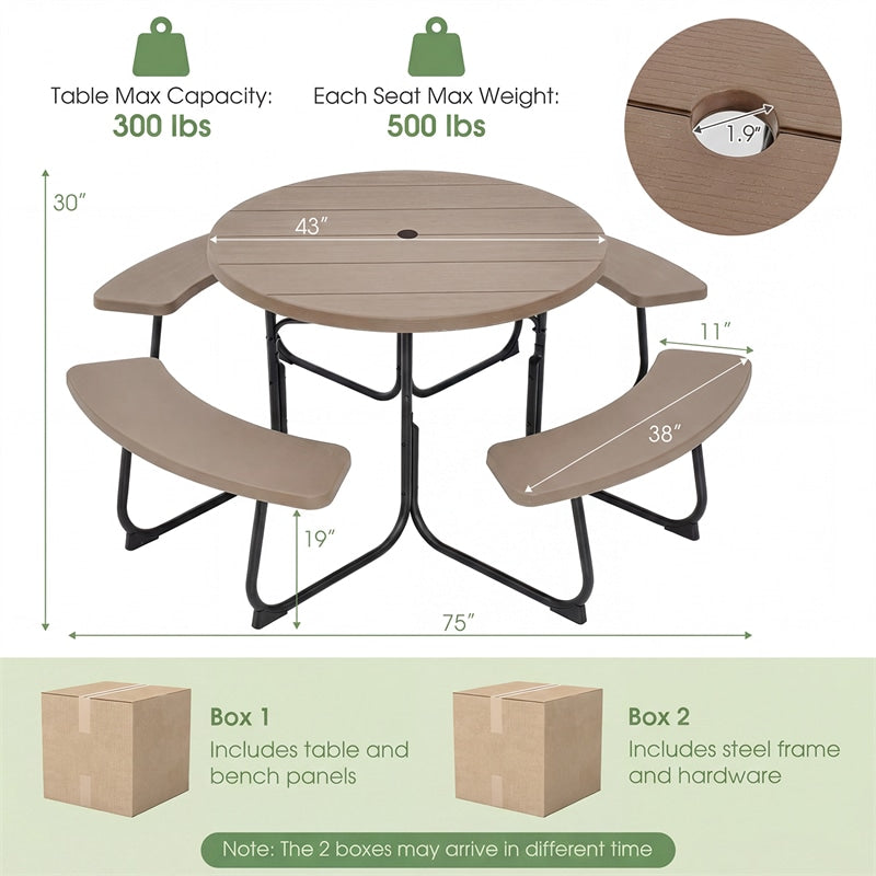 8 Person Round Picnic Table Bench Set, All-Weather HDPE Outdoor Table with 4 Built-in Benches & Umbrella Hole, 2000 LBS Capacity for Backyard