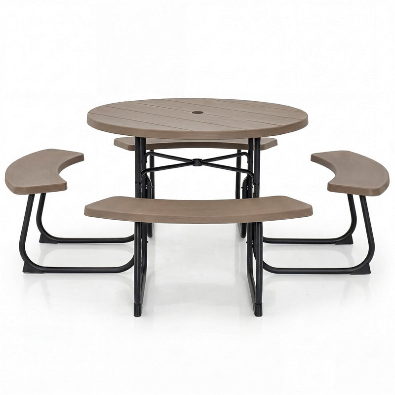 8 Person Round Picnic Table Bench Set, All-Weather HDPE Outdoor Table with 4 Built-in Benches & Umbrella Hole, 2000 LBS Capacity for Backyard