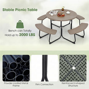 8 Person Round Picnic Table Bench Set, All-Weather HDPE Outdoor Table with 4 Built-in Benches & Umbrella Hole, 2000 LBS Capacity for Backyard