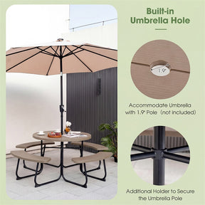 8 Person Round Picnic Table Bench Set, All-Weather HDPE Outdoor Table with 4 Built-in Benches & Umbrella Hole, 2000 LBS Capacity for Backyard