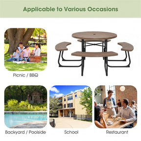 8 Person Round Picnic Table Bench Set, All-Weather HDPE Outdoor Table with 4 Built-in Benches & Umbrella Hole, 2000 LBS Capacity for Backyard