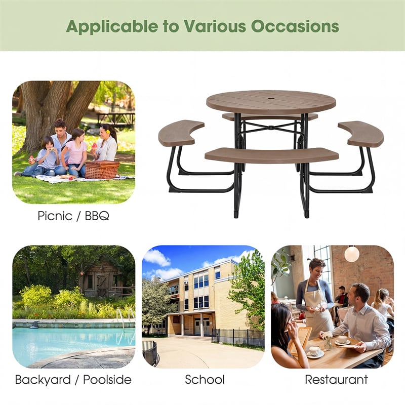 8 Person Round Picnic Table Bench Set, All-Weather HDPE Outdoor Table with 4 Built-in Benches & Umbrella Hole, 2000 LBS Capacity for Backyard