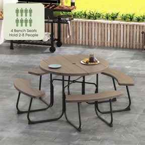 8 Person Round Picnic Table Bench Set, All-Weather HDPE Outdoor Table with 4 Built-in Benches & Umbrella Hole, 2000 LBS Capacity for Backyard