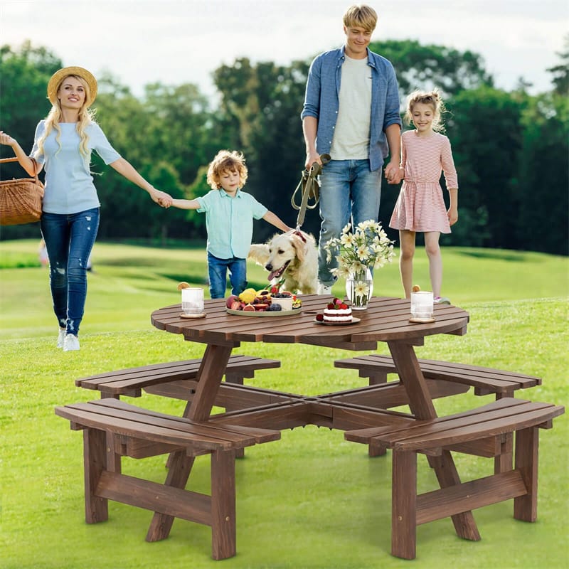 8 person patio table with umbrella 8-Person Round Wood Picnic Table & Bench Set with Umbrella Hole
