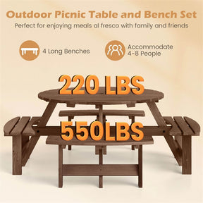 8-Person Round Wood Picnic Table Set with 4 Built-in Benches & 2" Umbrella Hole, Holds 2420 LBS, Outdoor Dining Table & Bench for Patio Garden