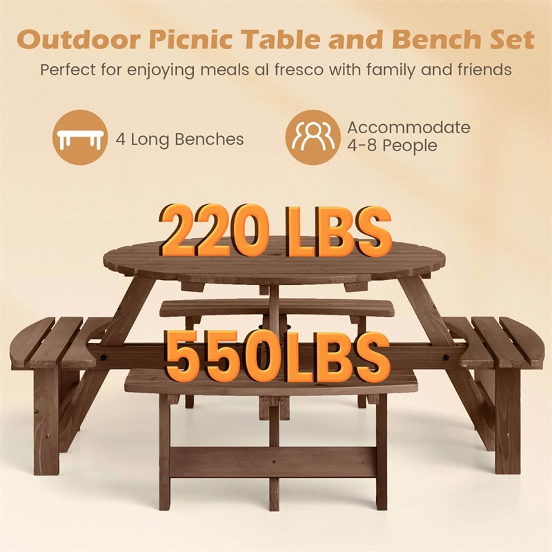 8-Person Round Wood Picnic Table Set with 4 Built-in Benches & 2" Umbrella Hole, Holds 2420 LBS, Outdoor Dining Table & Bench for Patio Garden