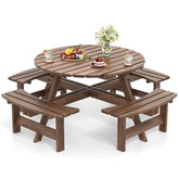8-Person Round Wood Picnic Table Set with 4 Built-in Benches & 2" Umbrella Hole, Holds 2420 LBS, Outdoor Dining Table & Bench for Patio Garden