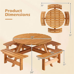 8-Person Round Wood Picnic Table Set with 4 Built-in Benches & 2" Umbrella Hole, Holds 2420 LBS, Outdoor Dining Table & Bench for Patio Garden