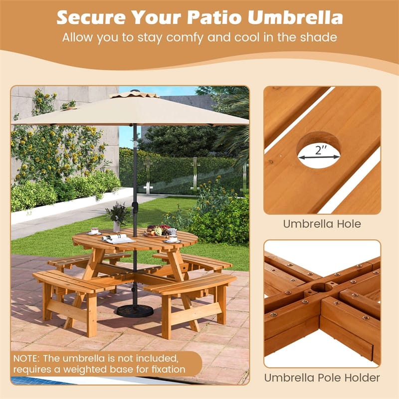 8-Person Round Wood Picnic Table Set with 4 Built-in Benches & 2" Umbrella Hole, Holds 2420 LBS, Outdoor Dining Table & Bench for Patio Garden