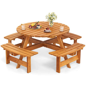 8-Person Round Wood Picnic Table Set with 4 Built-in Benches & 2" Umbrella Hole, Holds 2420 LBS, Outdoor Dining Table & Bench for Patio Garden