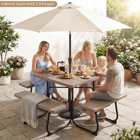 8 Person Square Picnic Table and Bench Set, Outdoor HDPE Patio Dining Set with Umbrella Hole & Metal Frame, 2000lbs Capacity for Backyard