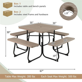 8 Person Square Picnic Table and Bench Set, Outdoor HDPE Patio Dining Set with Umbrella Hole & Metal Frame, 2000lbs Capacity for Backyard