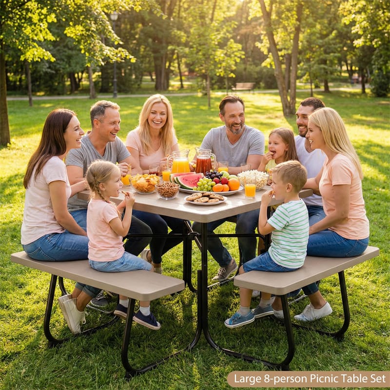 8 Person Square Picnic Table and Bench Set, Outdoor HDPE Patio Dining Set with Umbrella Hole & Metal Frame, 2000lbs Capacity for Backyard