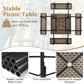 8 Person Square Picnic Table and Bench Set, Outdoor HDPE Patio Dining Set with Umbrella Hole & Metal Frame, 2000lbs Capacity for Backyard