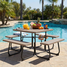 8 Person Square Picnic Table and Bench Set, Outdoor HDPE Patio Dining Set with Umbrella Hole & Metal Frame, 2000lbs Capacity for Backyard