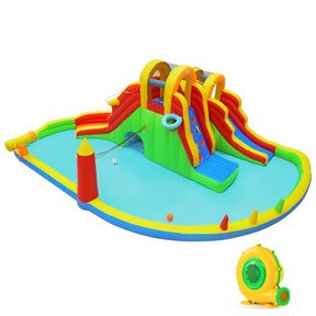 8-in-1 Inflatable Water Slide Park, Giant Backyard Bounce House w/ 2 Long Slides & Climbing Walls, Splash Pool, Tunnel, Water Cannon