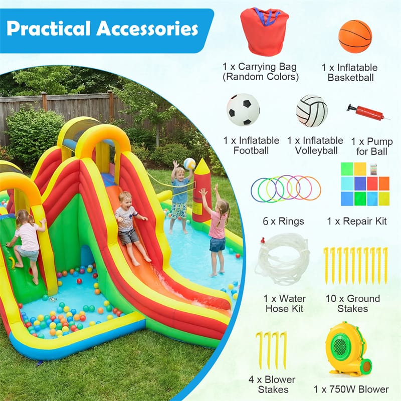 8-in-1 Inflatable Water Slide Park, Giant Backyard Bounce House w/ 2 Long Slides & Climbing Walls, Splash Pool, Tunnel, Water Cannon