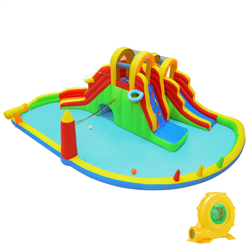 8-in-1 Inflatable Water Slide Park, Giant Backyard Bounce House w/ 2 Long Slides & Climbing Walls, Splash Pool, Tunnel, Water Cannon