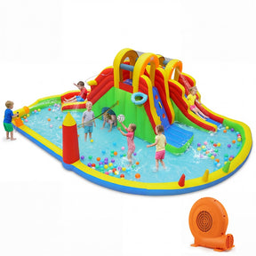 8-in-1 Inflatable Water Slide Park, Giant Backyard Bounce House w/ 2 Long Slides & Climbing Walls, Splash Pool, Tunnel, Water Cannon