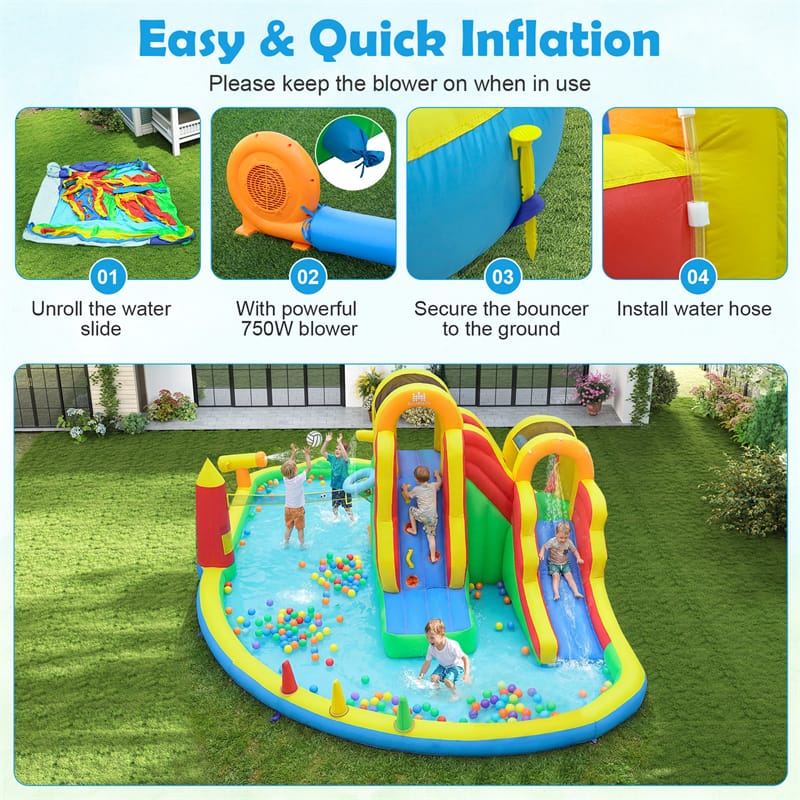 8-in-1 Inflatable Water Slide Park, Giant Backyard Bounce House w/ 2 Long Slides & Climbing Walls, Splash Pool, Tunnel, Water Cannon