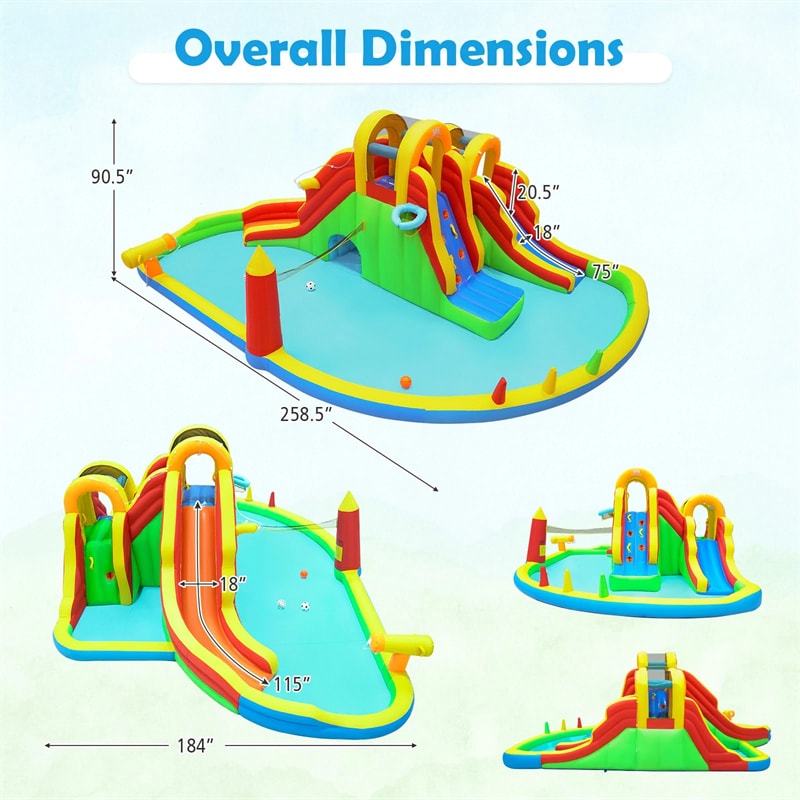 8-in-1 Inflatable Water Slide Park, Giant Backyard Bounce House w/ 2 Long Slides & Climbing Walls, Splash Pool, Tunnel, Water Cannon