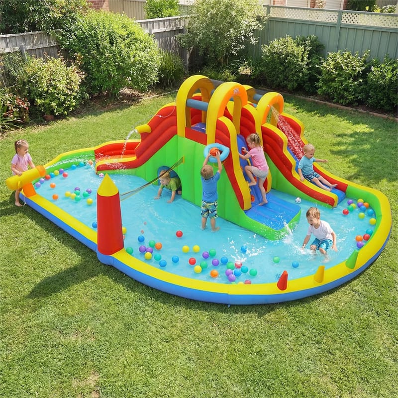 8-in-1 Inflatable Water Slide Park, Giant Backyard Bounce House w/ 2 Long Slides & Climbing Walls, Splash Pool, Tunnel, Water Cannon