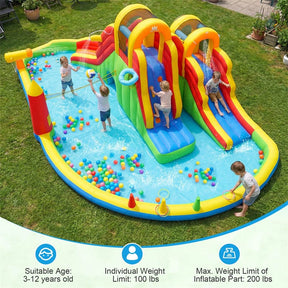 8-in-1 Inflatable Water Slide Park, Giant Backyard Bounce House w/ 2 Long Slides & Climbing Walls, Splash Pool, Tunnel, Water Cannon