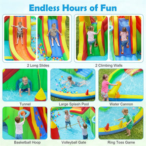 8-in-1 Inflatable Water Slide Park, Giant Backyard Bounce House w/ 2 Long Slides & Climbing Walls, Splash Pool, Tunnel, Water Cannon
