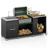 80" Outdoor Grill Table w/ Sink & Drainage, Heavy Duty Metal Grill Cart w/ Removable Stainless Steel Top & Cabinet, Portable BBQ Prep Table on Wheels