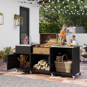 80" Outdoor Grill Table w/ Sink & Drainage, Heavy Duty Metal Grill Cart w/ Removable Stainless Steel Top & Cabinet, Portable BBQ Prep Table on Wheels