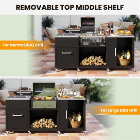 80" Outdoor Grill Table w/ Sink & Drainage, Heavy Duty Metal Grill Cart w/ Removable Stainless Steel Top & Cabinet, Portable BBQ Prep Table on Wheels